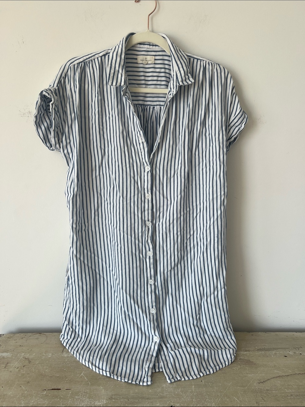 Thread & Supply Striped Button-Down Shirt Dress in White and Navy